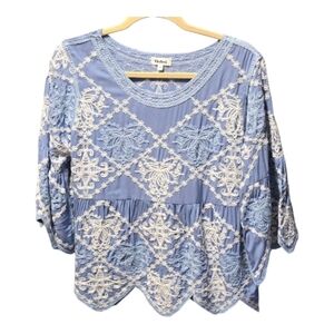 Kindred Light Blue Crochet Panel Boho Tunic Top